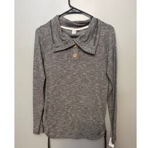 Twik by Simons top textured grey striped pattern, cowl collar, wooden buttons -M